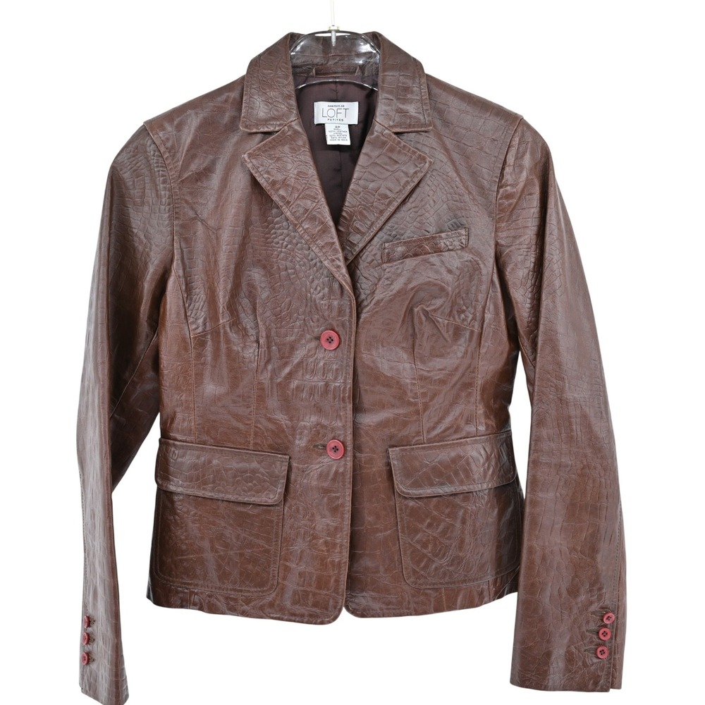 Vintage LOFT 100% Leather Blazer 4P Brown Crocodile Embossed Y2K Edgy Luxe Chic
